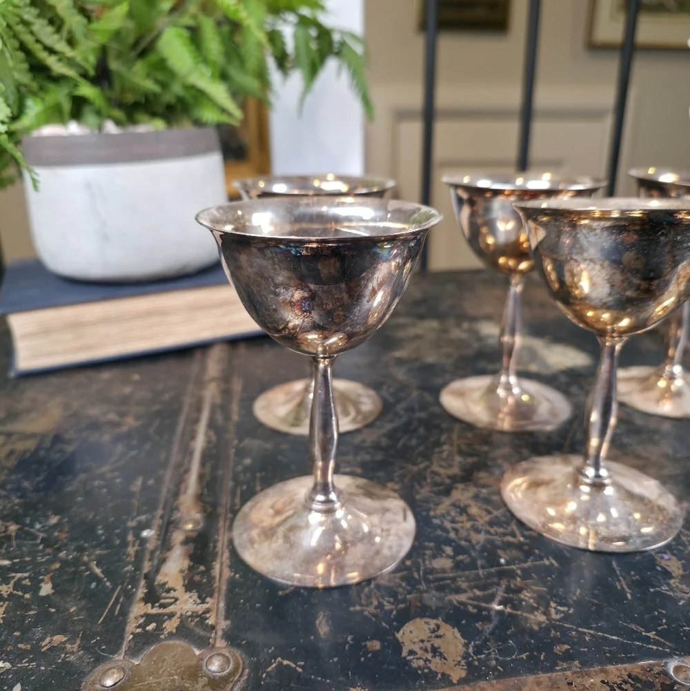 ​Set of 6 Vintage Birks Primrose Plate Silver Cordial Goblets Gold Wash Interior - Picture 4 of 14